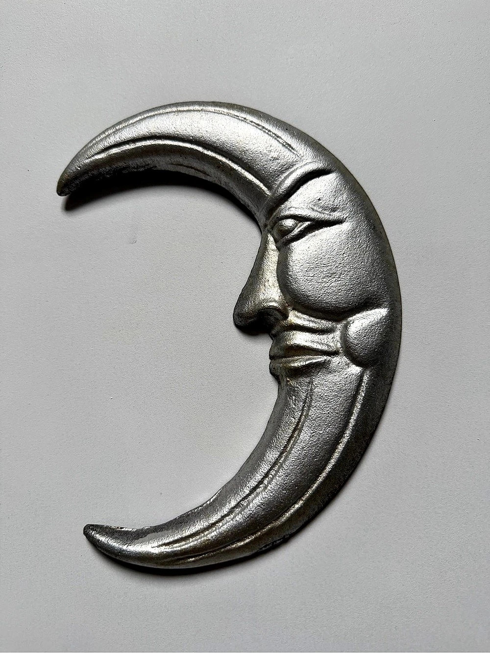 Vintage Crescent Cast Iron Celestial  Moon Face Wall Decor Silver 9”